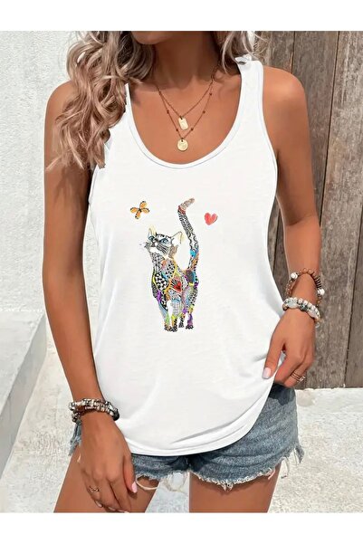 Deocept تي شيرت نسائي مطبوع عليه قطة ملونة