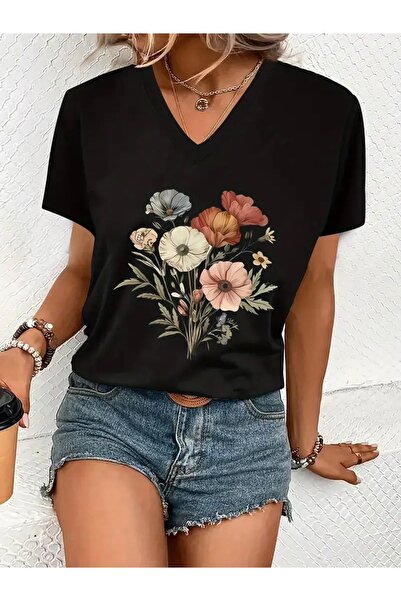 Deocept تي شيرت نسائي كبير الحجم برقبة على شكل حرف V مطبوع عليه زهور