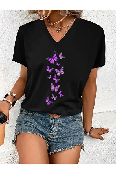 mercoledi TRICOU DE DAMĂ MARE DE MĂRIME, CU GULER ÎN V, CU IMPRIMEU FLUTURI P...