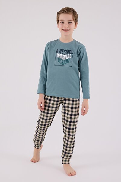 Arnetta Ανδρικό σετ πιτζάμες με παστέλ πράσινο στάμπα καρό μπαμπάς και γιος