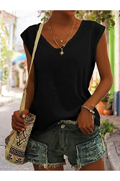 Deocept KADIN V YAKA OVERSİZE KOLSUZ T-SHIRT