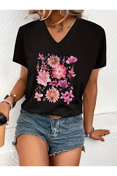 Deocept Flower Printed Women's Oversize V-Neck T-Shirt