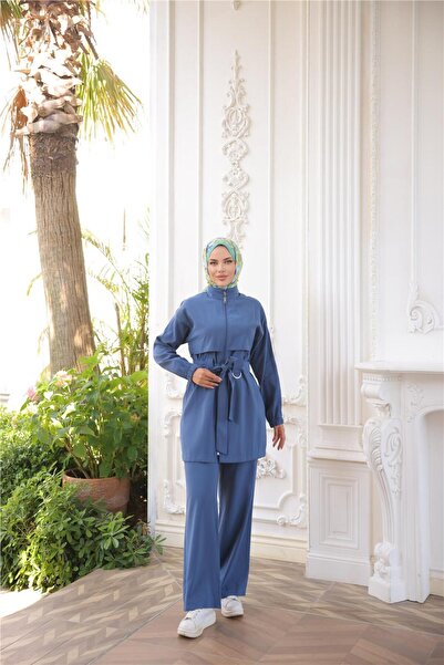 Bwest Turtleneck Waist-Tied Zippered Double Hijab Tracksuit Set - (38-46) - 71301 - Indigo