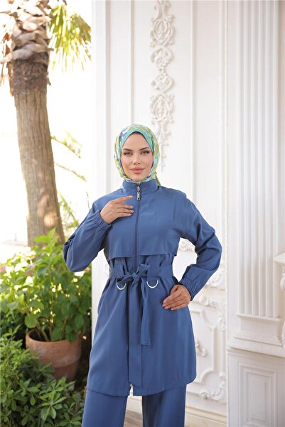 Bwest Turtleneck Waist-Tied Zippered Double Hijab Tracksuit Set - (38-46) - 71301 - Indigo