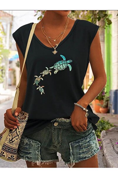 mercoledi TRICOU FĂRĂ MÂNECI OVERSIZE DE DAMĂ CU IMPRIMEU TURTLE