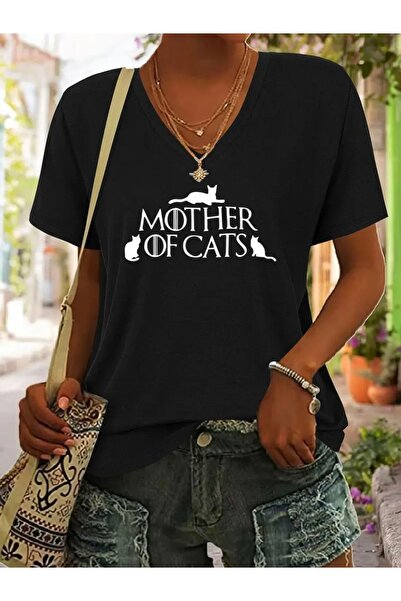 Deocept تي شيرت نسائي كبير الحجم برقبة على شكل حرف V مطبوع عليه MOTHER OF CATS