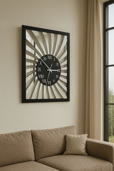 Hode Dekoratif Siyah MDF Duvar Saati - Aynalı Pleksi Detaylı, 50x38 cm Modern...