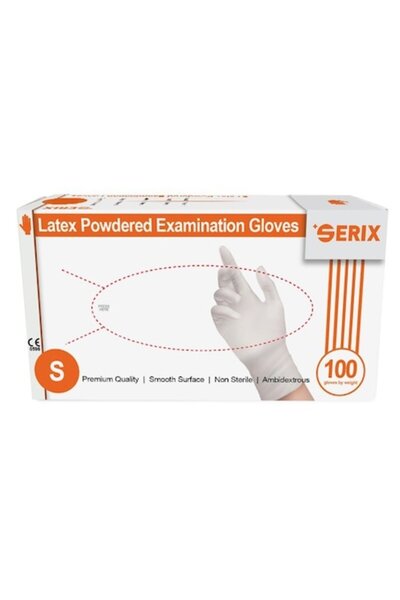 SERIX Sada 100 latexových vyšetřovacích rukavic, pudrované bílé, velikost S
