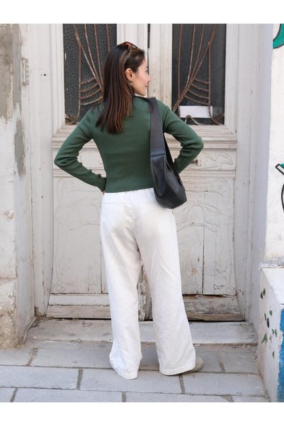 Butik Una Fiaba Green Women's Crew Neck Snap Fastener Ribbed Knitted Cardigan