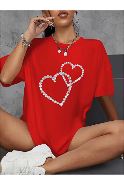 Deocept تي شيرت كبير الحجم مطبوع عليه قلب منقوش بالحجر