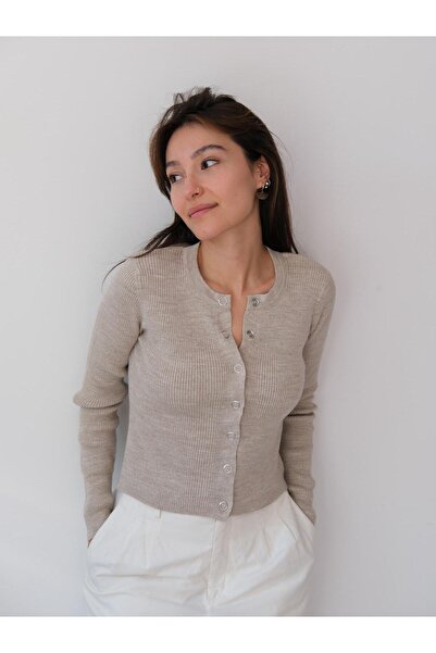 Butik Una Fiaba Beige Long Sleeve Ribbed Knitted Women's Cardigan with Snap Buttons