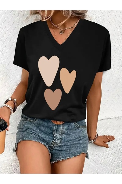 mercoledi Heart Turtles Printed Women's Oversize V-Neck T-Shirt
