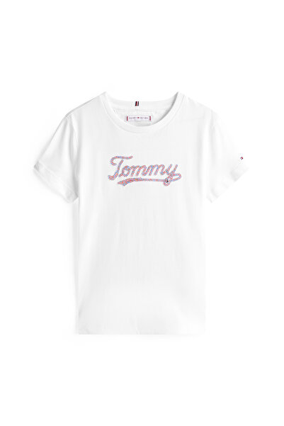 Tommy Hilfiger Women White Tommy Script Sequins Short Sleeve T-Shirt
