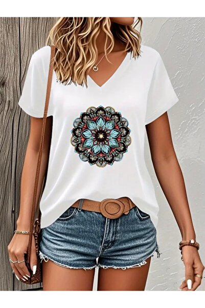 Deocept Design Mandala Printed Women's Oversize V-Neck T-Shirt