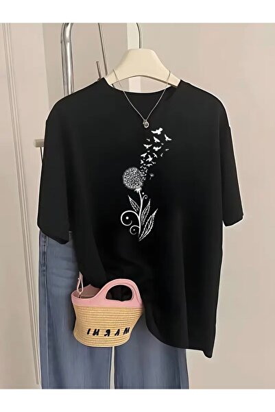 Deocept تي شيرت برقبة دائرية كبيرة الحجم مطبوع عليه عصابة الرأس والطيور