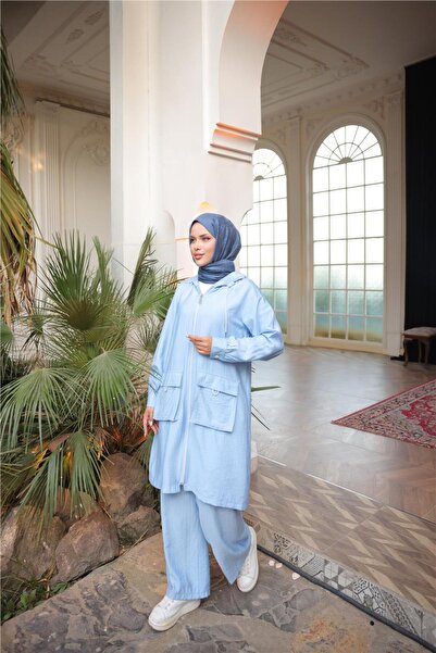 Bwest Hooded Zippered Double Pocket Hooded Double Hijab Tracksuit Set - (38-46) - 71305 - Indigo
