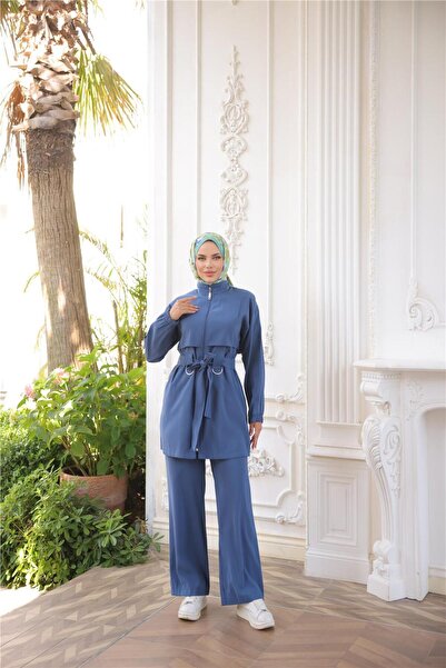 Bwest Turtleneck Waist-Tied Zippered Double Hijab Tracksuit Set - (38-46) - 71301 - Indigo