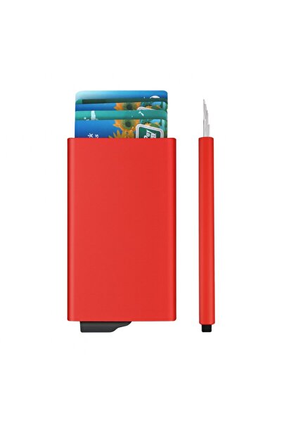 OEM Metallic slim wallet, 8-card capacity, dimensions 10 × 6.3 × 0.9 cm, red