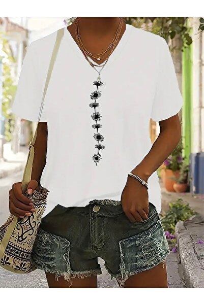 Deocept تي شيرت نسائي كبير الحجم برقبة على شكل حرف V مطبوع عليه زهور