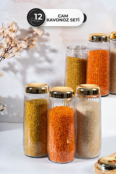 Homekolik Set of 12 Long Glass Jars with Gold Lids - 1500 ml Storage Container Set for Legumes/Pasta/Flour-Sugar