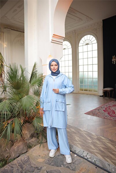 Bwest Hooded Zippered Double Pocket Hooded Double Hijab Tracksuit Set - (38-46) - 71305 - Indigo