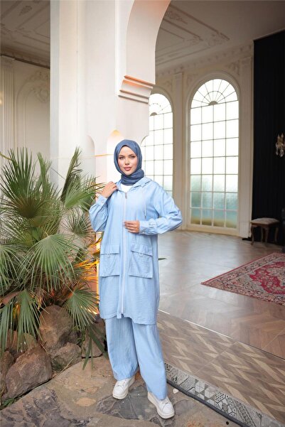 Bwest Hooded Zippered Double Pocket Hooded Double Hijab Tracksuit Set - (38-46) - 71305 - Indigo