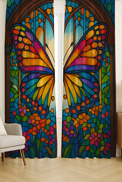 Else Dekor Colorful Butterfly Stained Glass Patterned Double Winged Background Curtain Suede Living Room Hall Kitchen 140X260Cm