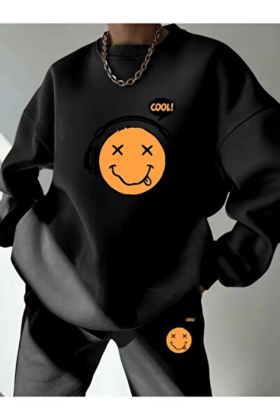 Deocept COOL SMILING FACE PRINTED UNISEX OVERSIZE ΣΕΤ ΦΟΡΜΑΣ ΚΑΤΩ/ΕΠΙΣΤΡΩΜΑ