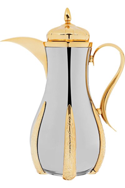 rexa thermos set, 1 liter, thermal glass inner shell, steel outer shell - silver gold