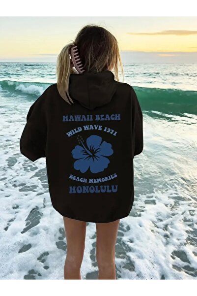 mercoledi SALOTĂ UNISEX OVERSIZE CU GLUGĂ CU PRINT HAWAII BEACH