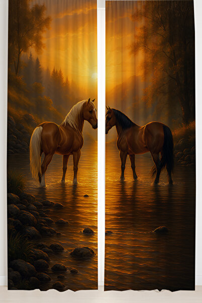 Else Dekor Sunset Horses Patterned Double Winged Backdrop Κουρτίνα Suede Σαλόνι Σαλόνι Κουζίνα 140x260cm