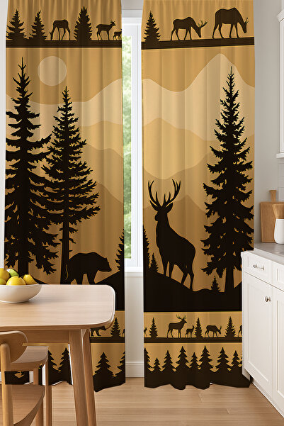 Else Dekor Κουρτίνα φόντου με διπλά φτερά με σχέδια ελαφιού και αρκούδας με σκιά δασών, σουέτ, για σαλόνι, σαλόνι κουζίνας 140x260cm