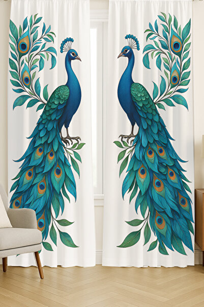 Else Dekor Blue Peacock Patterned Double Winged Backdrop Curtain Suede Living Room Hall Kitchen 140X260Cm