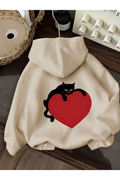 Deocept سويت شيرت بقلنسوة مطبوع عليه قلب وقطة سوداء للجنسين للنساء/الرجال