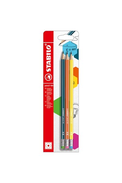 Stabilo Creion grafit 160, 2.2 mm, HB, cu radiera, corp galben, portocaliu, verde petrol, set 3 buc/blister