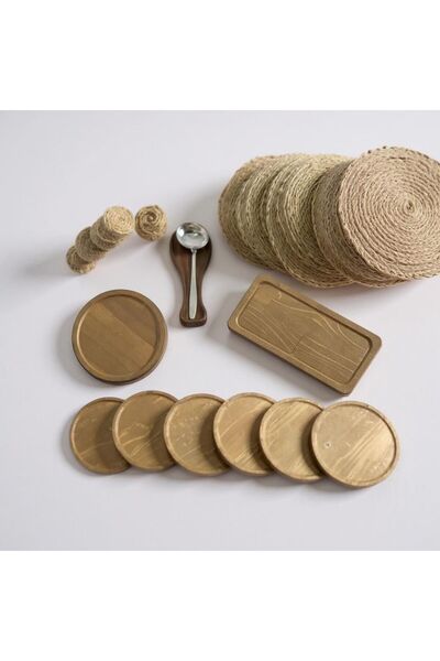 PUDRAM 21 Piece Wood & Wicker Presentation Set – 6 Platters, 6 Plates, 6 Coasters, 2 Presentation Holders, Spoon Rest