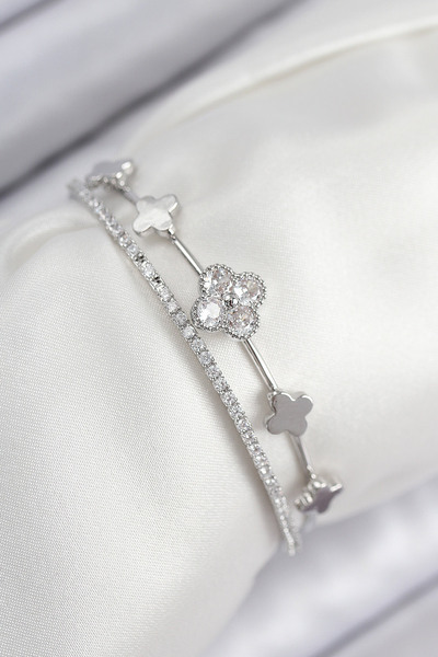 Clariss Brass Zircon Stone Clover Model Silver Color Women's Bracelet - Blk-0274