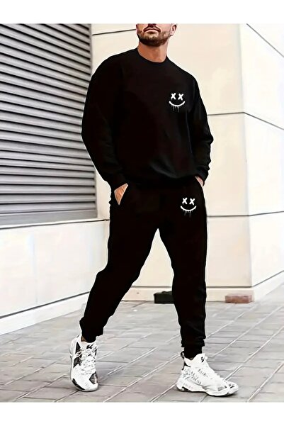 Deocept طقم بدلة رياضية مطبوعة بوجه مبتسم للجنسين للنساء/الرجال برقبة دائرية ...