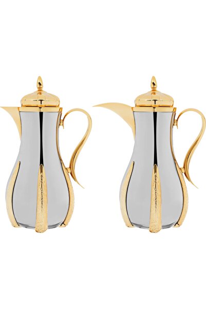 rexa thermos set, 1 liter, thermal glass inner shell, steel outer shell - silver gold