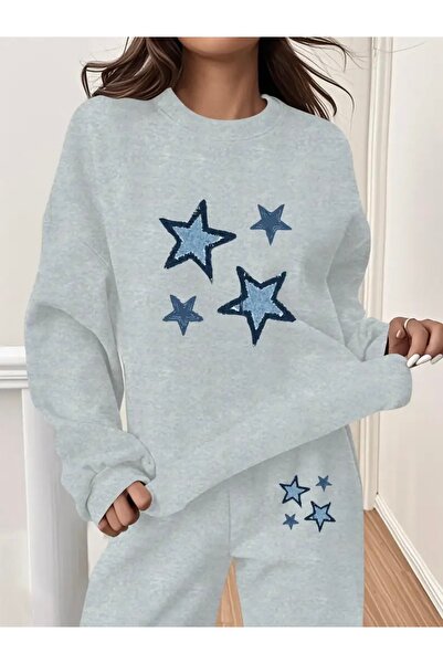 mercoledi MAVİ YILDIZ BASKILI UNİSEX OVERSİZE BİSİKLET YAKA ALT/ÜST EŞOFMAN TAKIMI