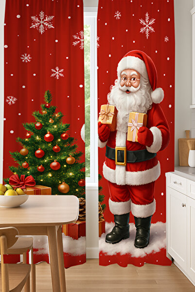 Else Dekor Σουέτ κουρτίνα φόντου με μοτίβο Άγιου Βασίλη και πεύκου με διπλά φτερά για σαλόνι κουζίνας 140x260cm