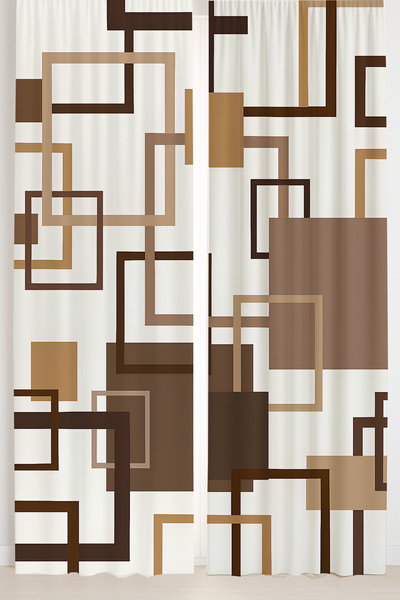 Else Dekor Brown Geometric Square Patterned Double Winged Backdrop Curtain Suede Living Room Hall Kitchen 140X260Cm