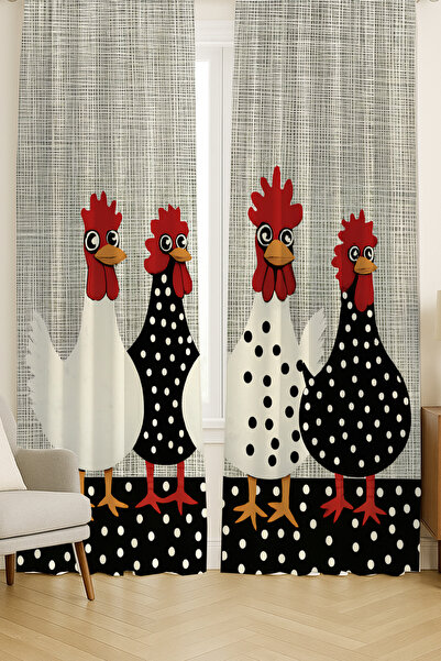 Else Dekor Κουρτίνα με μοτίβο κοτόπουλου και κόκορα με διπλά φτερά, σουέτ, για σαλόνι, σαλόνι κουζίνας 140x260cm