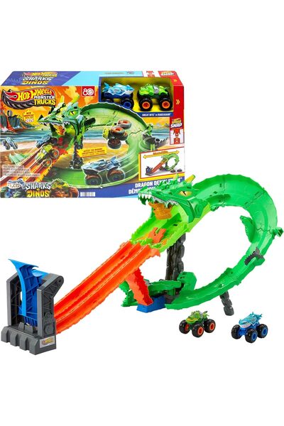 mattel Hot Wheels Monster Trucks Dragon Destruction Playset – Includes 2 Trucks, Ages 4+