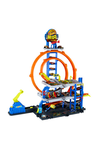 mattel Hot Wheels Mega Loop Garage JBM74 – 3-Level Loop, Car Wash, Helicopter, Ages 4+