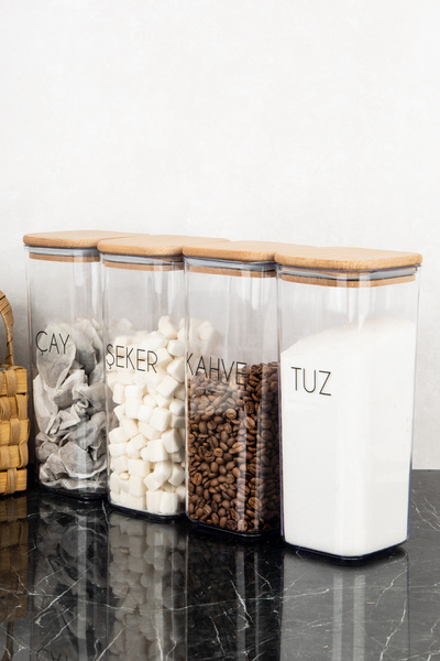 DNS HOME 4 Pieces Vacuum Lid Storage Container with Labels for Tea, Sugar, Coffee, Salt 1700 ml Storage Container Set Jars
