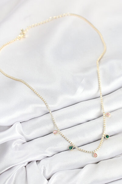 BSRE Pirinç Zirkon Taşlı Su Yolu Damlalı Kadın Kolye (Gold Renk)