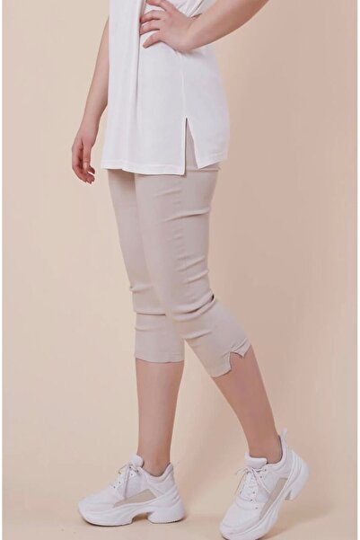 MODA BONİTA LİZ taş rengi paça yırtmaçlı bel çiçekli ful likralı 5 cepli premium A kalite kapri