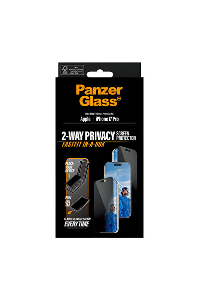 Panzer Glass واقي شاشة بإطار أسود ومقاس واسع للغاية لهاتف iPhone 17 Pro - الخصوصية