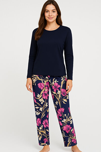 ModaLeaf Navy Blue Colored Long Sleeve Floral Patterned Pajama Set